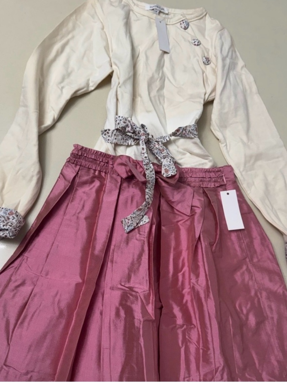 Girls' Pink A-Line Satin Skirt & Cream Top Matching Set